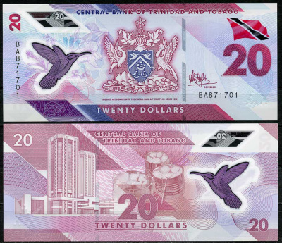 Тринидад и Тобаго 20 долларов 2020 колибри, здание Центрального банка Pick 63 пластик UNC (пресс) 447-98-2