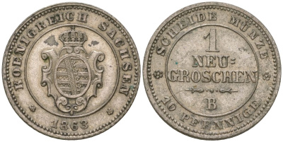 Саксония 1 новый грош - 10 пфеннигов 1863 B, Иоганн I (1854-1873) KM 1219 серебро 4547-252