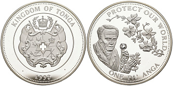 Тонга 1 паанга 1993 зашитим наш мир, Александр фон Гумбольт KM 153 серебро PROOF 00-00