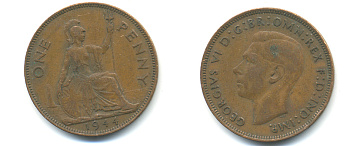 Великобритания 1 пенни 1944 Георг VI (1936-1952) KM 845, Spink 4114 бронза 89-146