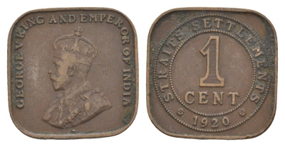 Стрейтс Сетлментс 1 цент 1920 Георг V (1910-1936) KM 32 бронза 4643-832