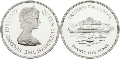 Тристан-да-Кунья 25 пенсов 1977 25 лет правления Елизаветы II (1952-1977), тираж 25000 экз. KM 1a серебро PROOF 1069-3-12