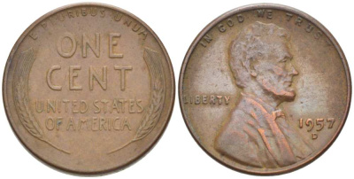 США 1 ЦЕНТ 1957 D, ЛИНКОЛЬН KM А132 медь цинк 3309-1211