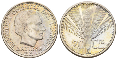 Уругвай 20 сентесимо 1954 Хосе Хервасио Артигас KM 36 серебро UNC 4609-637