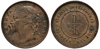 Стрейтс-Сетлментс 1/4 цента 1872 H, Виктория (1837-1901) KM 7 медь 00-801-67