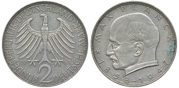 ФРГ 2 марки 1963 J, Макс Планк KM 116, J. 392 медно-никель плакированный никелем 4681-726