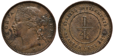 Стрейтс-Сетлментс 1/4 цента 1872 H, Виктория (1837-1901) KM 7 медь 00-801-67
