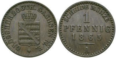 Саксен-Веймар-Эйзенах 1 пфенниг 1865 А, Карл Александр (1853-1901) KM 89, Jaeger 533, AKS 37 медь 99-567