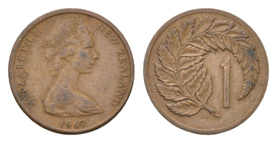Новая Зеландия 1 цент 1967 Елизавета II (1952-2022), лист папоротника KM 31.1 бронза 4669-1164