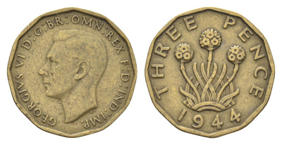 Великобритания 3 пенса 1944 Георг VI (1936-1952) KM 849, Spink 4112 никель латунь    4660-711