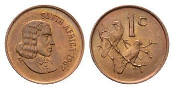 ЮАР 1 цент 1967 Ян ван Рибек (1619-1677), South Africa, легенда на африкаанс, капские воробьи KM 65.1 бронза UNC 4690-1014