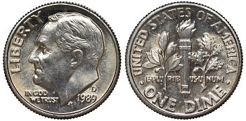 США 1 дайм - 10 центов 1989 D, Рузвельт KM 195a медь плакированная медно-никелем 4549-537