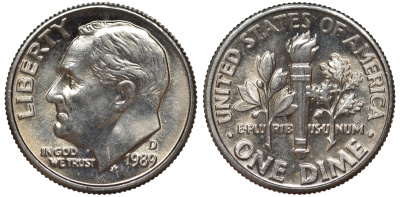 США 1 дайм - 10 центов 1989 D, Рузвельт KM 195a медь плакированная медно-никелем 4549-537