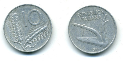 ИТАЛИЯ 10 ЛИР 1951 R, ПЛУГ KM 93 алюминий 25-917