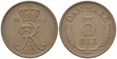 Дания 5 эре 1964 C; S, Фредерик IX (1947-1972) KM 848.1 бронза 4119-612