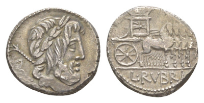 Римская Республика денарий 87 г. до н.э. монетарий Рубрий Доссен, DOSSEN, голова Юпитера, скипетр/L RVBRI, Виктория над триумфальной квадригой, Рим Crawford 348/1 серебро 00-812-21