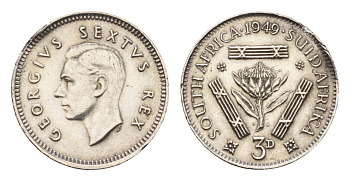 ЮАР 3 пенса 1949 Георг VI (1936-1952) KM 35.1 серебро 4549-565