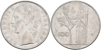 Италия 100 лир 1956 R, Афина в доспехах KM 96.1 нержавеющая сталь 4683-441