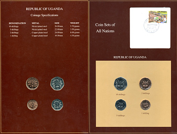 Уганда набор из 4 монет 1987 серия наборы мира, запайка в буклете с маркой    UNC  14-01-03-14