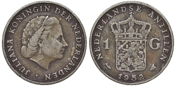 Нидерландские Антилы 1 гульден 1952 Юлиана (1948-1980) KM 2 серебро 36-837