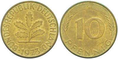 ФРГ 10 ПФЕННИГОВ 1973 G KM 108, J. 383 сталь плакированная латунью 219-453