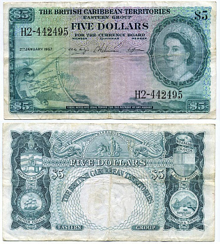 БРИТАНСКИЕ КАРИБСКИЕ ТЕРРИТОРИИ 5 ДОЛЛАРОВ 1957 Pick 9b бумага 451-253-2