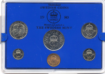 Швеция набор монетного двора из 6 монет 1980 в пластике, Карл XVI Густав (1973- ) KM MS15 UNC 4-3-6-136