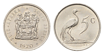 ЮАР 5 центов 1970 герб, райский журавль KM 84 медно-никель UNC 4687-123