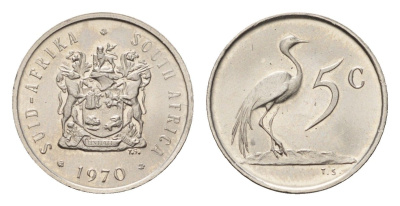 ЮАР 5 центов 1970 герб, райский журавль KM 84 медно-никель UNC 4687-123
