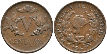 КОЛУМБИЯ 5 СЕНТАВО 1967 KM 206а сталь плакированная медью 3336-554