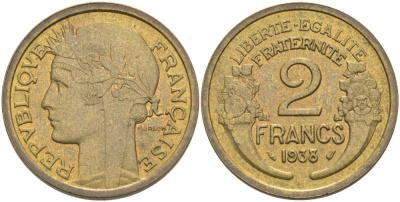 ФРАНЦИЯ 2 ФРАНКА 1938 ТИП MORLON KM 886, LE FRANC 268.11 алюминиевая бронза 69-1236
