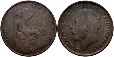 Великобритания 1 пенни 1915 Георг V (1910-1936) KM 810, Spink 4051 бронза 221-135