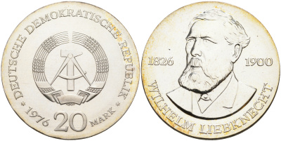 ГДР 20 марок 1976 А, 150 лет со дня рождения Вильгельма Либкнехта KM 63 серебро UNC 00-000-00