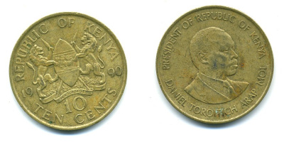 Кения 10 центов 1990 Дэниэл арап Мои KM 18 никель латунь 04-347