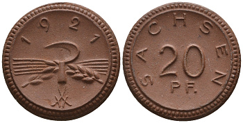 Саксония 20 пфеннигов 1921 колосья и серп J. N 53 фарфор UNC 1094-8-65