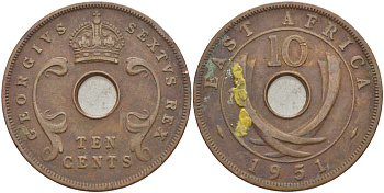 Британская Восточная Африка 10 центов 1951 Георг VI (1936-1952) KM 34 бронза 3333-1215