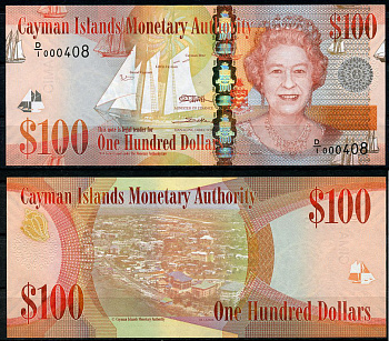 Каймановы острова 100 долларов 2011 Елизавета II (1952-2022), парусник Pick 43a бумага UNC (пресс) 451-721-3