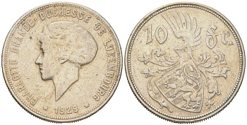 Люксембург 10 франков 1929 Шарлотта (1919-1964) KM 39 серебро 109-621