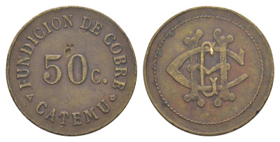 Чили жетон с медеплавильный завод для покупки в местных магазинах, номиналом в 50 сентаво диаметр 32 мм, вес 7,21 гр не описан в Espinosa бронза 1094-1-82