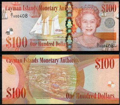 Каймановы острова 100 долларов 2011 Елизавета II (1952-2022), парусник Pick 43a бумага UNC (пресс) 451-721-3