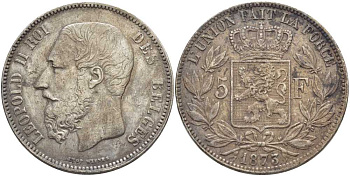 Бельгия 5 франков 1873 Леопольд II (1865-1909), позиция А KM 24 серебро 5010-1012