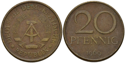 ГДР 20 пфеннигов 1969 А, первый год KM 11 латунь 92-134