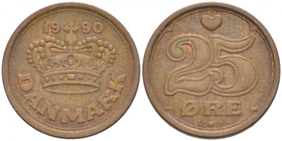ДАНИЯ 25 ЭРЕ 1990 LG; JP; A, МАРГРЕТЕ II (1972-) KM 868.1 бронза 3718-335