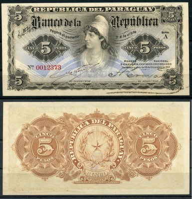 Парагвай 5 песо 1907 свобода, Viveros и Angel Crovatto Pick 156 a (1)  бумага  UNC (пресс) 451-724-1