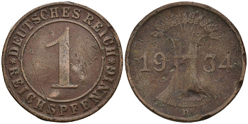 Германия 1 рейхспфенниг 1934 D KM 37, J. 313 бронза 4549-466