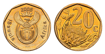 ЮАР 20 центов 2008 герб, цветок протея KM 442 сталь плакированная бронзой UNC 4687-628