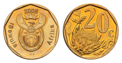 ЮАР 20 центов 2008 герб, цветок протея KM 442 сталь плакированная бронзой UNC 4687-628