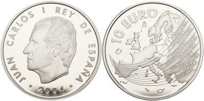 Испания 10 евро 2004 M, расширение Евросоюза, карта Европы KM 1099 серебро PROOF 11-281-42