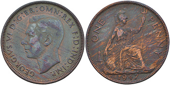 Великобритания 1 пенни 1947 Георг VI (1936-1952) KM 845, Spink 4114 бронза 4593-234