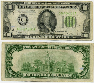 США 100 долларов 1934 С, Филадельфия, Бенджамин Франклин Pick 433D бумага 451-220-2